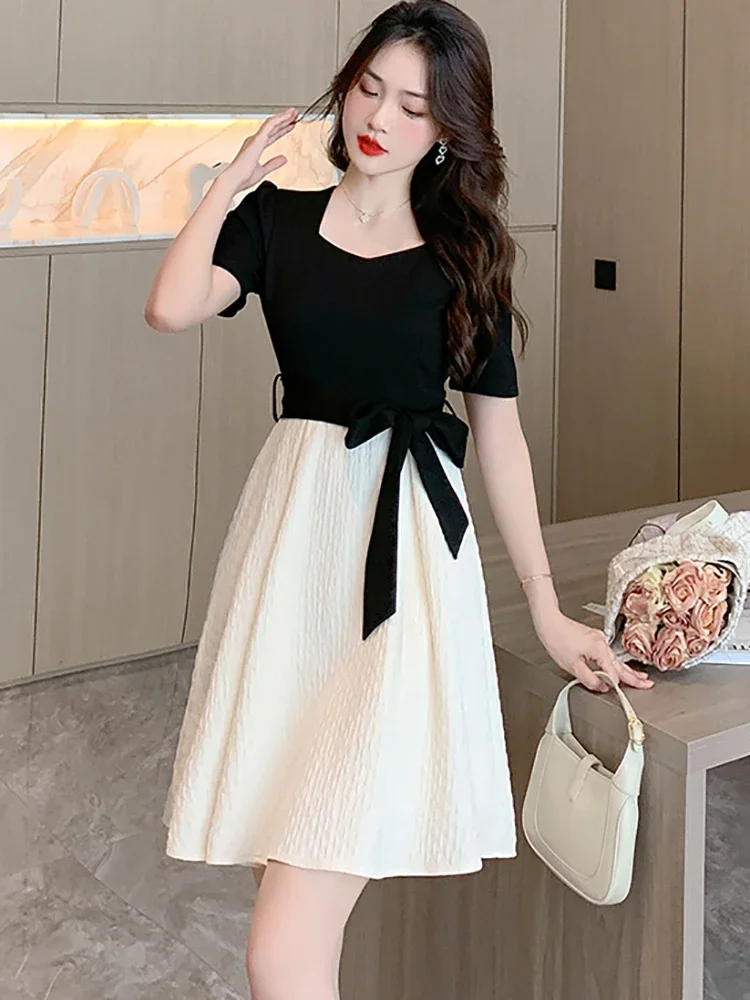 2023 White Patchwork Black Chic Bow Midi Dress Summer Short Sleeve Sqaure Collar Casual Dress Women Korean Elegant Party Vestido