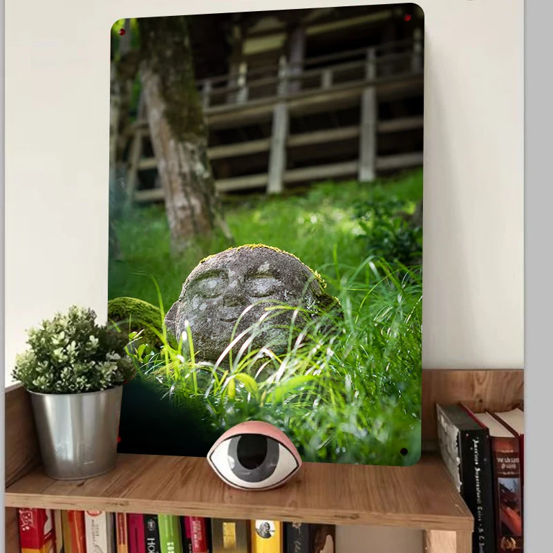 Zen Stone Buddha Head Metal Wall Art Japanese Garden Decor Outdoor Sculpture