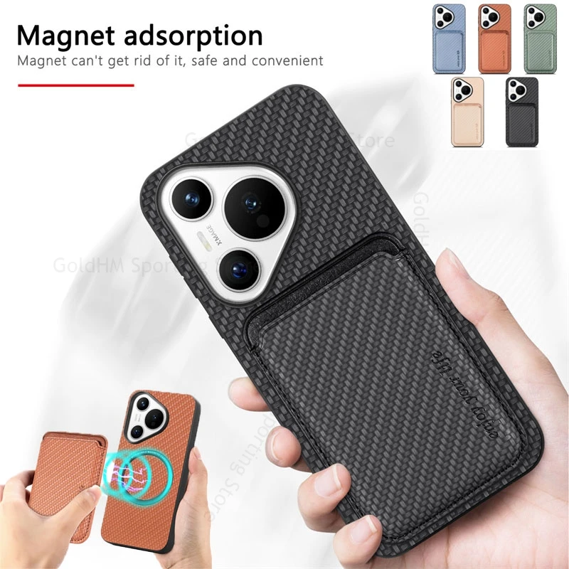 

Split Wallet Card Slot Magnetic For Magsafe Case For Huawei Pura 80 Ultra Carbon Leather Fiber Cover For HUAWEI Pura 70 Pro Plus
