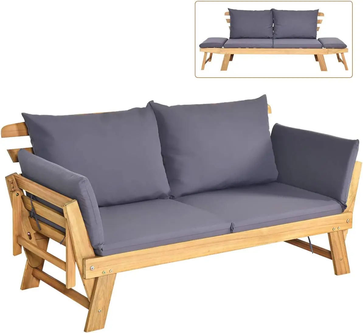 

Acacia Wood Patio Convertible Couch Sofa Bed with Adjustable Armrest, Outdoor Daybed with Cushion & Pillow, Folding