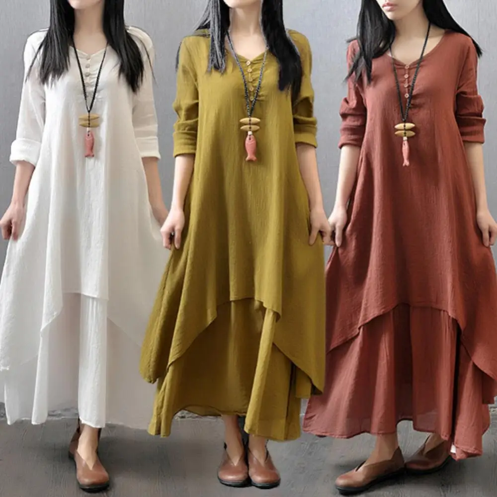 Plus Size Oversized Women Solid Color Long Sleeve Baggy Loose Layered Maxi Dress