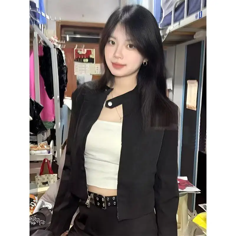 

Women'S Bomber Jackets Autumn Woman Double-Sided Stand-Up Collar Tweed Couple Plush Navy-Style Color-Block Asymmetric Drawstring