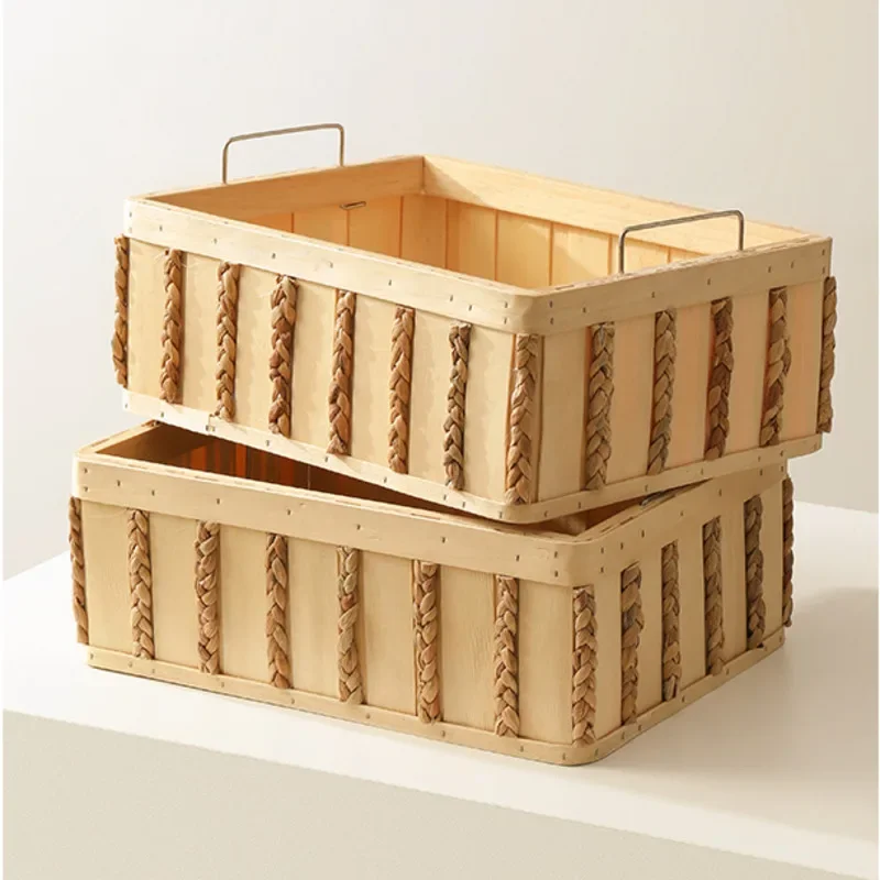 Wooden Grass Woven Storage Baskets, Desktop Organizer  with  Handles,  Beautiful Storage Containers, Natural Box