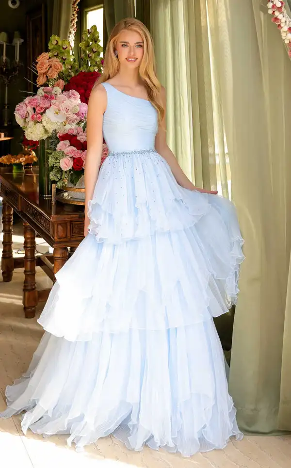 

Customized Intricate Tulle Tiered Pleat Sequined Sash A-line One-shoulder Long Dresses Bespoke Occasion Dresses Exquisite Formal
