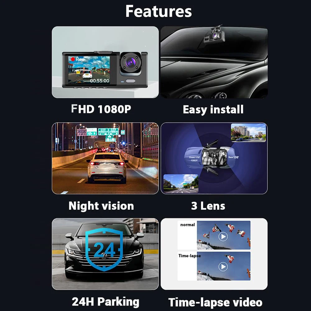 WIFI APP Control Car Dvr 2/3 Channel 1080P Dash Cam for Cars Front / Rear View Recorder Video Car Camera for Car Assecories