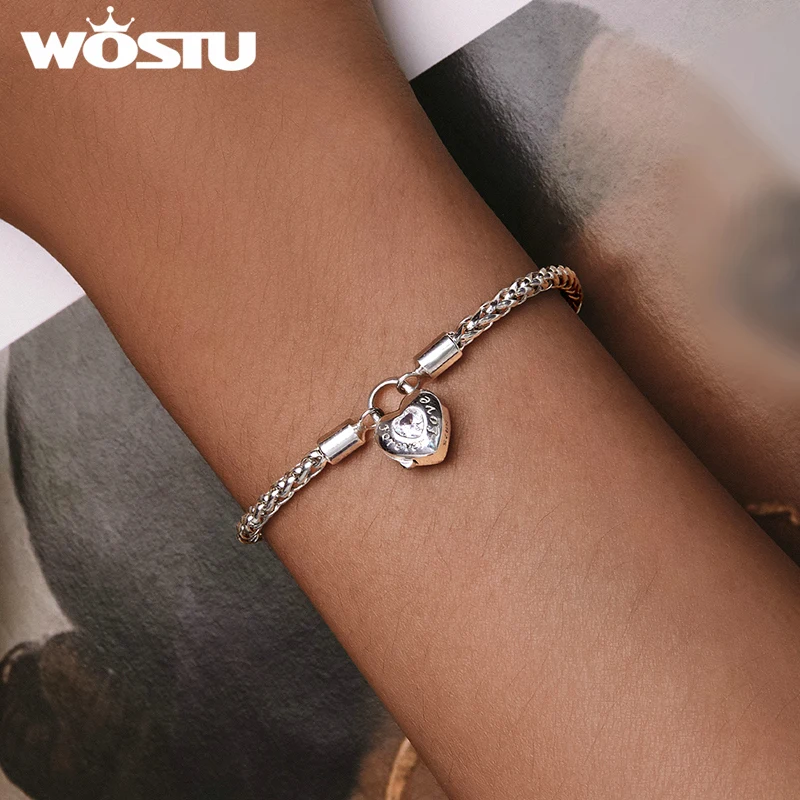 WOSTU 925 Sterling Silver Forever Love Lock Basic Bangle Bracelet Fit Original Charms Bead Fine Jewelry Lover mom Daughter Gift