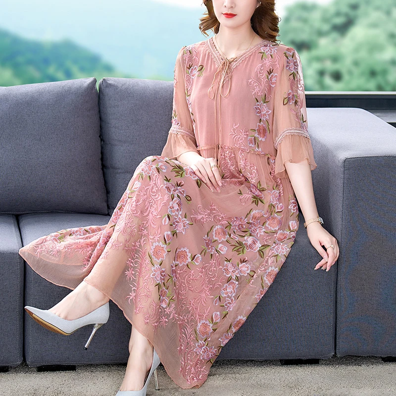 

Summer Women Embroidery Ruffled Flare Sleeve High Waisted Long Dress , Woman 4xl 3xl V Neck Dresses