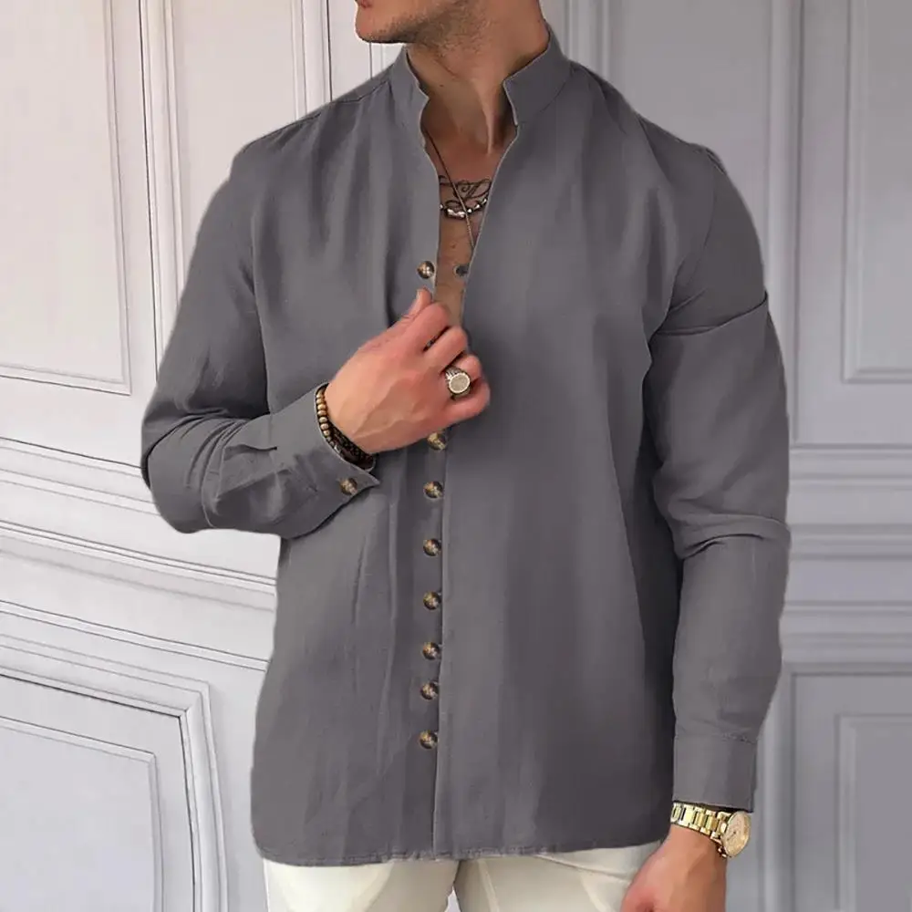 2025 린넨 남성 긴팔 셔츠 캐주얼 베이직 스타일 패션 싱글 브레스티드 셔츠 무슬림 남성 의류 헨리 남성 버튼업