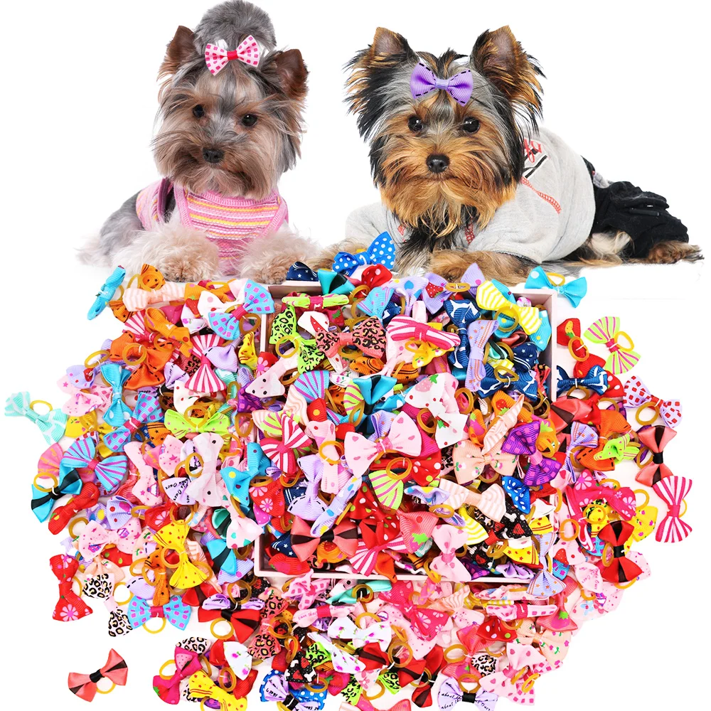 50PCS Dog Bow With Rubber Band Puppy Bows Handmade Movable Pet Bowknot For Dogs Pet Dog Hair Accessories Pet Supplies