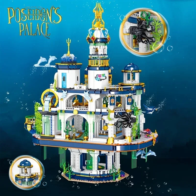 4133PCS Poseidon Palace Building Blocks Castello blu Modello Mattoni Decorazione desktop creativa Giocattoli fai da te Regali per i bambini