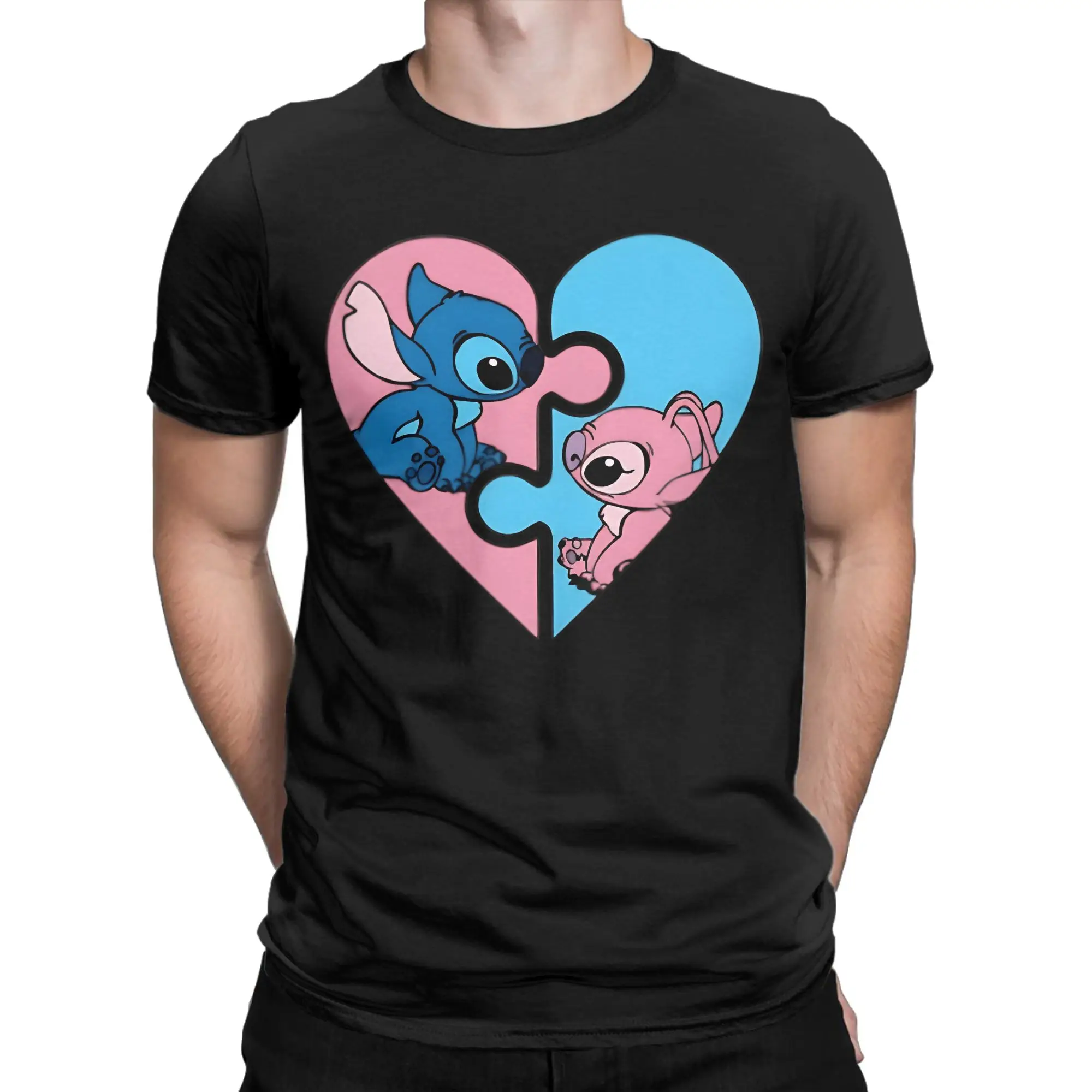 Men Cute Alien Couple Puzzle Heart Clipart Valentine Love T Shirt  Pure Cotton Tops Vintage Short Sleeve Crewneck Tees Gift Idea