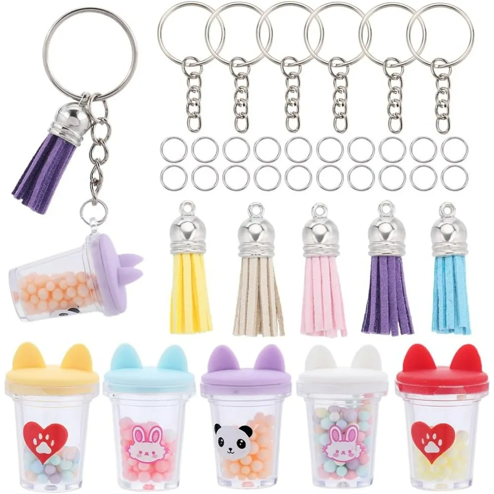 50Pcs DIY 10Sets Milk Tea Charms Faux Suede Tassels Large Boba Tea Cat Charm Keychain Making Kit Resin Bubble Tea Key