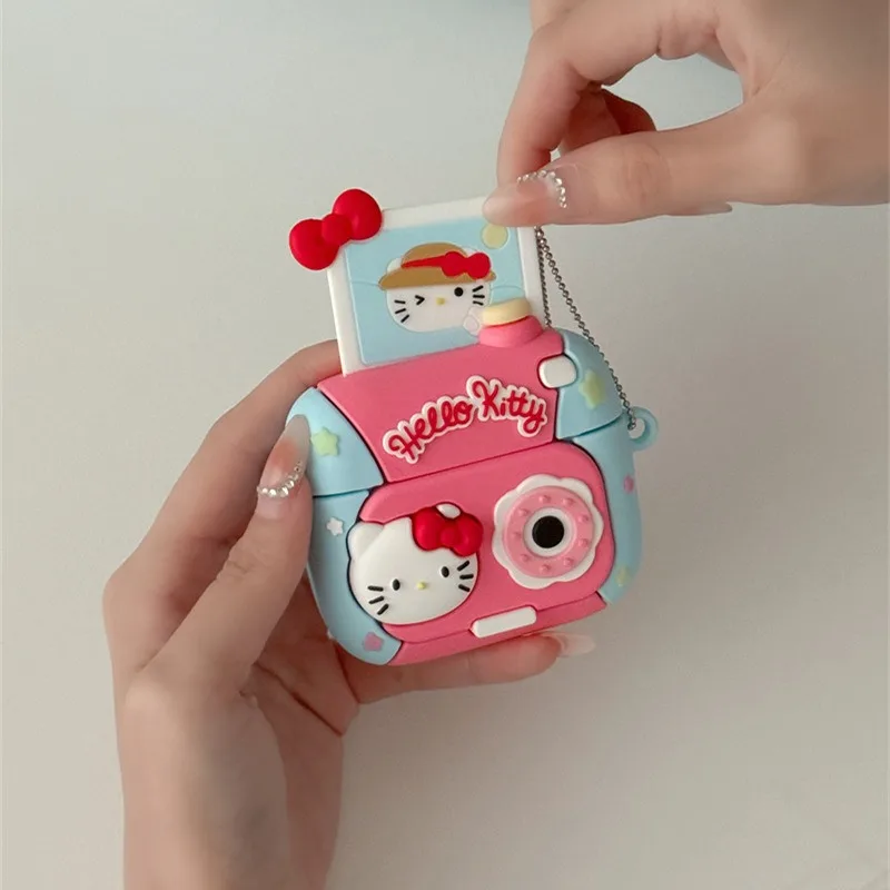 سانريو مرحبا كيتي ل AirPods 4 3 2 1 Pro Pro2 حقيبة سماعة الاذن واقية شل شكل الكاميرا AirPods حافظة ملحق مع قلادة