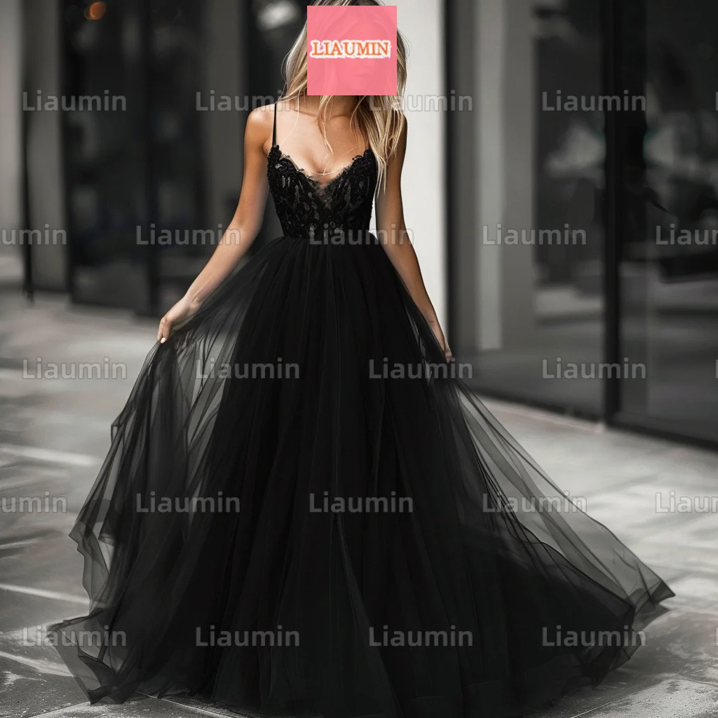 

Classic Custom Made Black Tulle With Lace Applique Spaghetti Strap Lace Up Back Evening Prom Dresses Full Length Formal W17-1.16