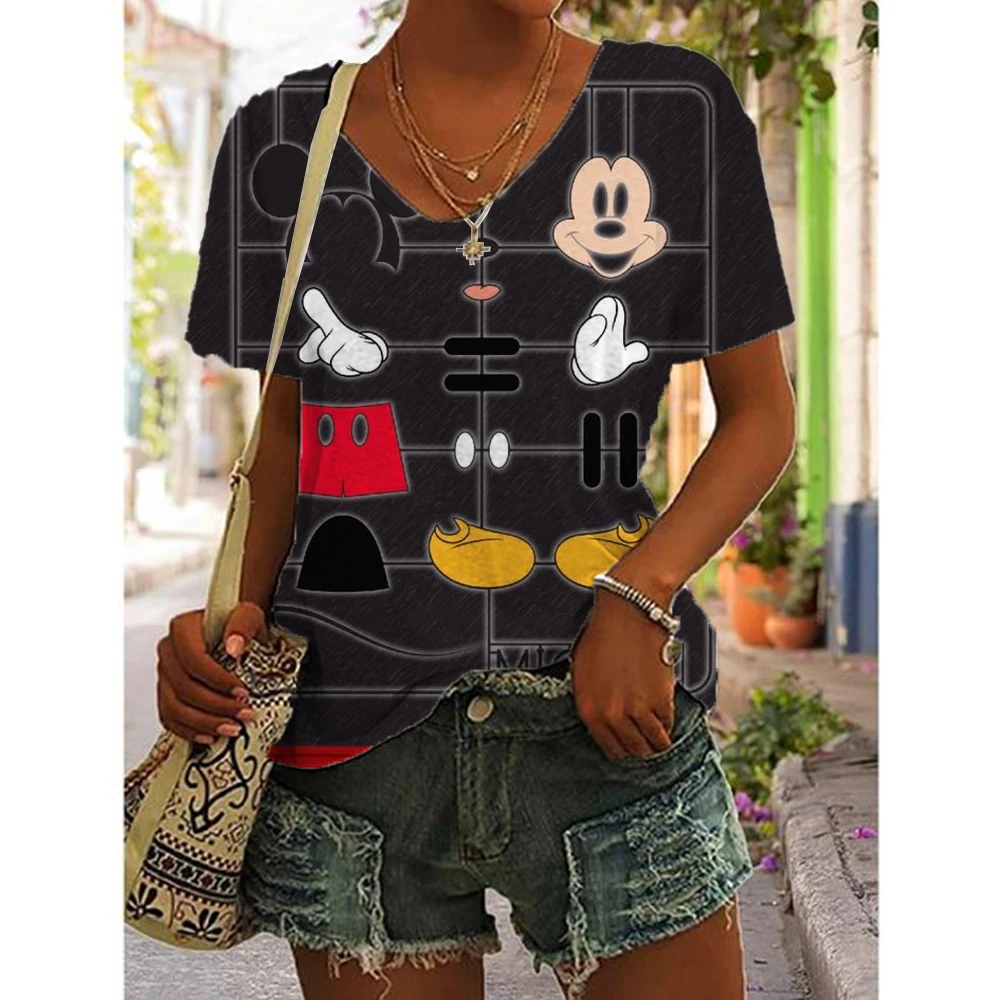 Summer Casual V-neck T-shirt For women's Mickey Mouse Print Shirt Top Loose Vintage women's Street Wear Short Sleeved Clothes s-