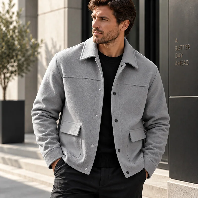 Men's Short Brushed Shirt Jacket Long Sleeve Snap Button Loose Fit Soft Warm Casual Outerwear for Everyday Wear Autumn Winter 10