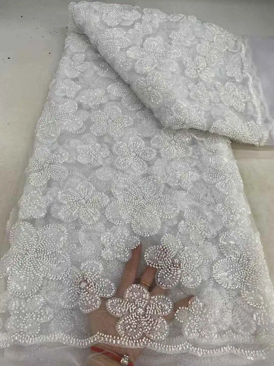 African Heavy Beaded Lace Fabric 2025 High Quality Nigerian Sequin Pearl Lace French Tulle Fabric For Wedding Dress ZX