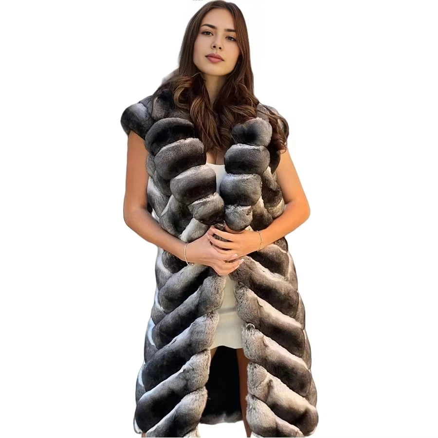Women Real Rex Rabbit Fur Chinchilla Colour Winter Jacket Natural Rabbit Fur Vest Long Genuine Fur Vests Luxury Best Selling
