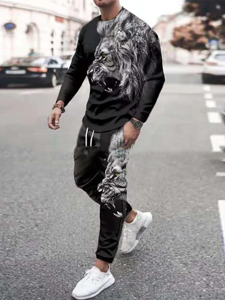 Animal Pattern 2 Piece Set Autumn Long Sleeve Men T Shirt Trousers Suits 3D Print Tracksuits Oversized Sweatshirts Pants Outfits