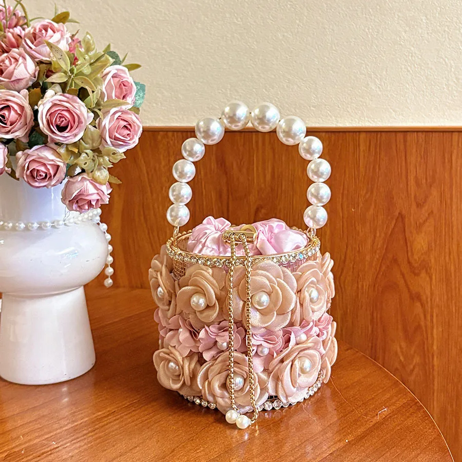 

Elegant Floral Bucket Handbags For Womrn Luxury Evening Bags Chain Shoulder Crossbody Bags Party Wedding Bridal Purse Clutch