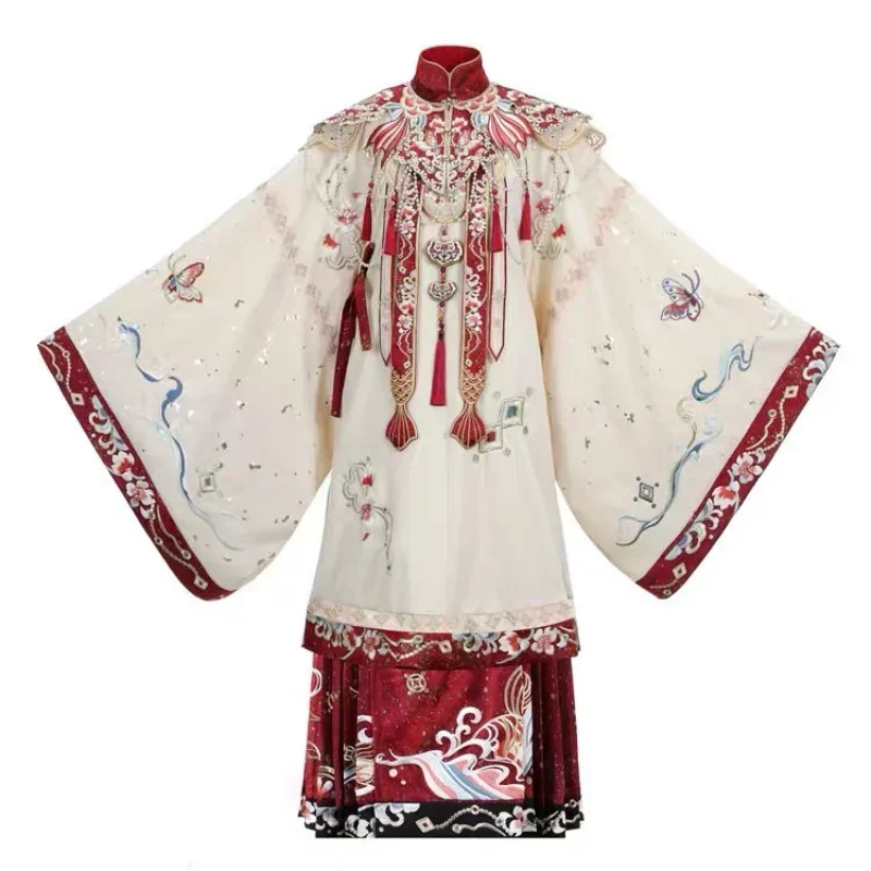 Traje de vestido tradicional chinês para mulheres, vestido bordado da indústria pesada, rosto de cavalo dourado tecido, ombro nuvem, hanfu feminino, 2021