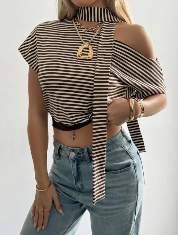 

Fashionable Women's T-Shirt Summer New Trend Personalized Striped Print Slant Collar Off Shoulder Slim Fit Short Sleeved T-Shirt