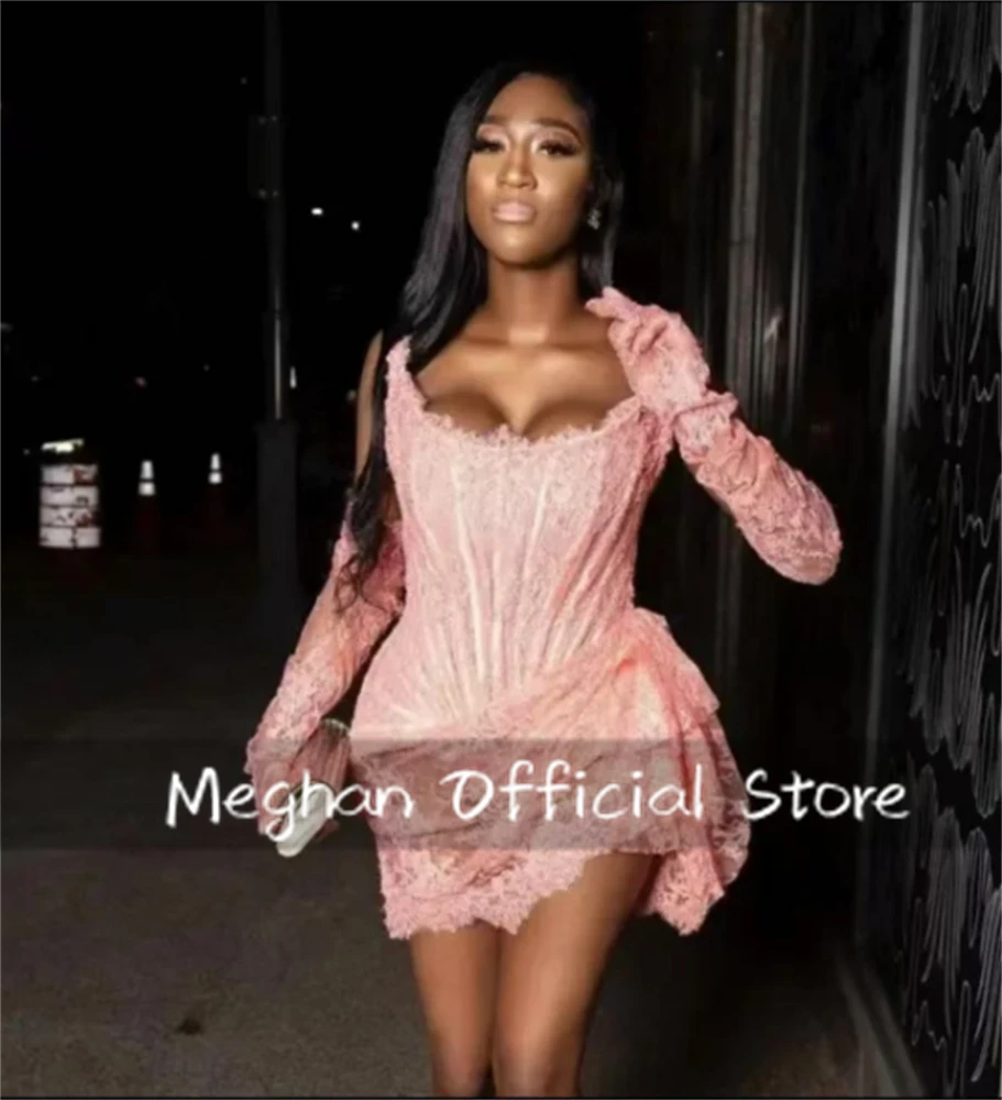 

Sexy Pink Lace Prom Dresses With Two Gloves Black Girl Corset Dress Birthday Party Mini Cocktail Gowns Lace-Up Customized