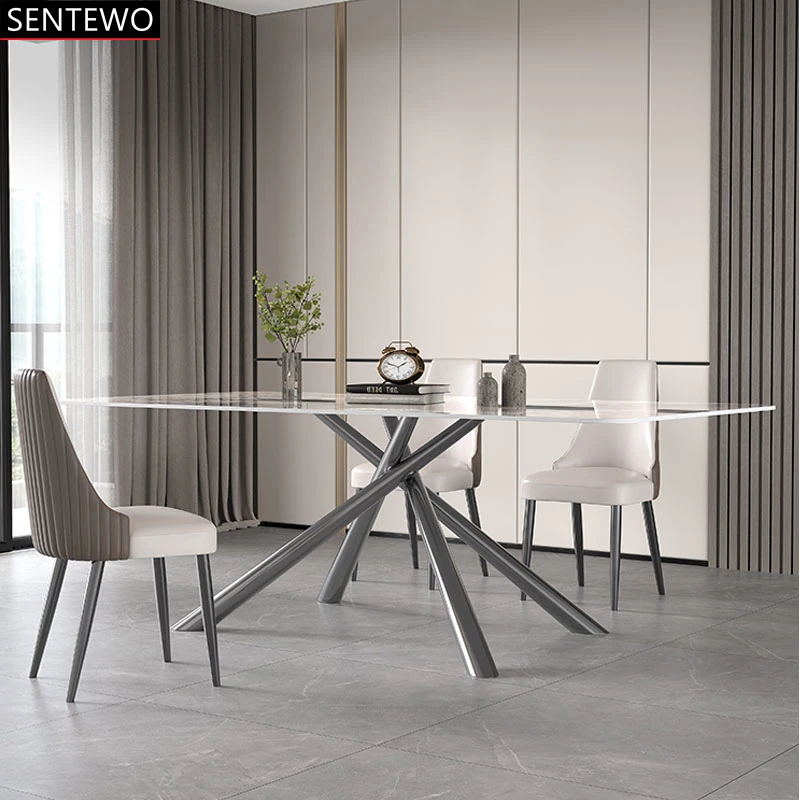 SENTEWO Ltalian Rock Slab Kitchen Dining Tables Chairs Set Carbon Steel Base Faux Marble Table Dinner Chair Set Meble Kuchenne