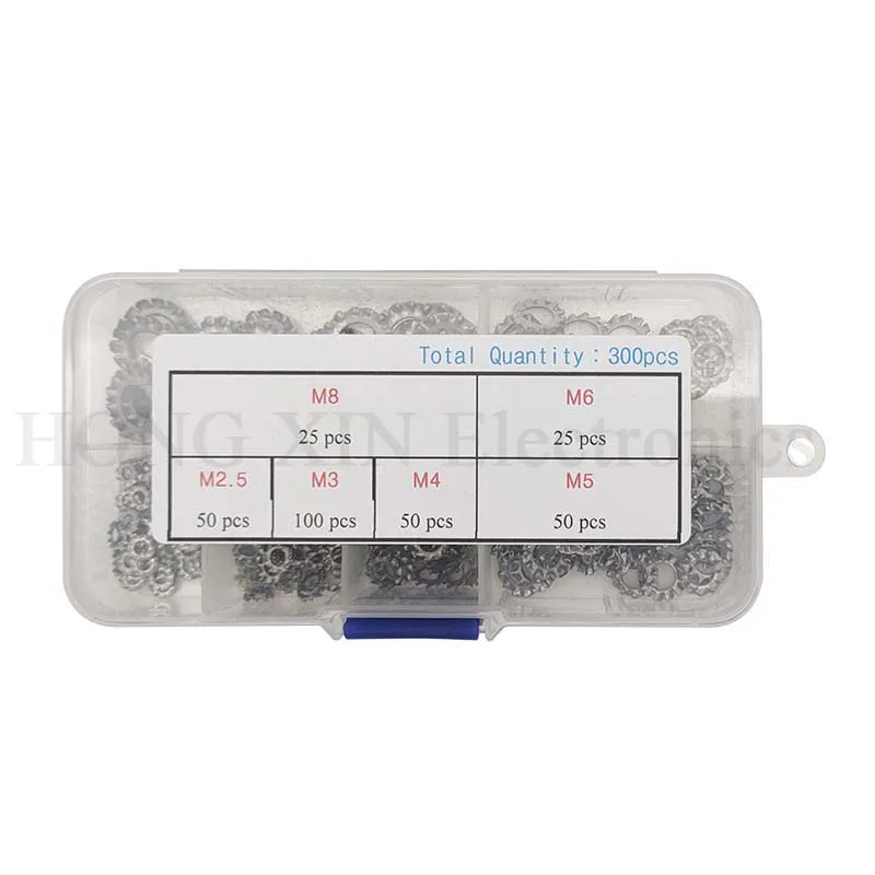 300Pcs Externe Tand Lock Ster Wasmachine Rvs Antiloose Pakking Ringen Borgringen Assortiment Kit M2.5 M3 M4 M5 m6 M8