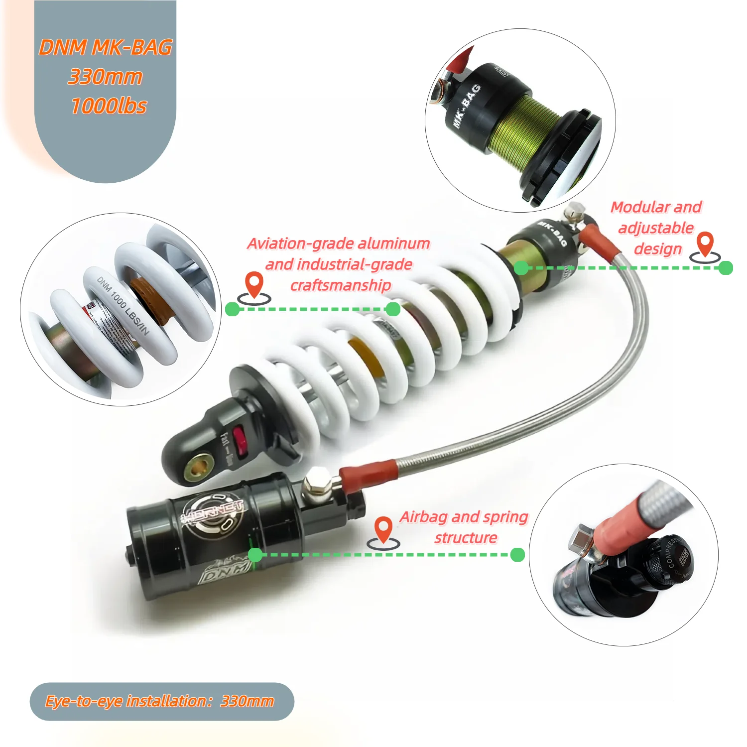 Motorcycle 330mm Rear Shocks DNM MK-BAG 1000LBS Absorber Suspension For 125mm SYM Maxi Scooter 250 RSZ E-BIKE Trail Motocross - Image 5