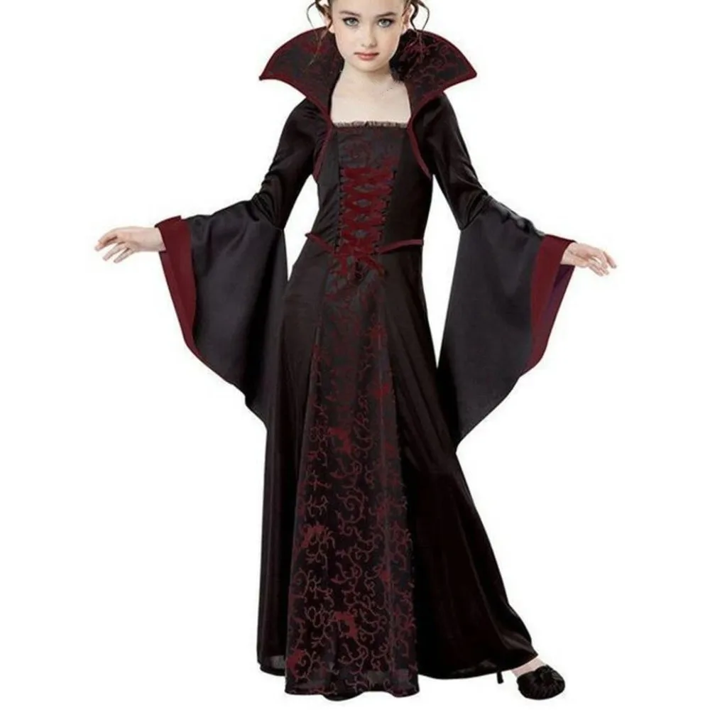 

Stand Collar Halloween Clothing Bell Sleeve Funny Halloween Witch Long Dress Lace Up Party Children Medieval Printed Dress
