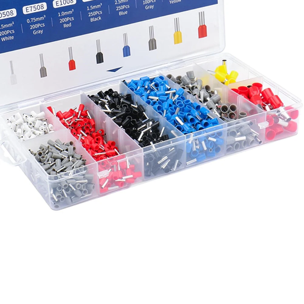 1250pcs Wire Copper Crimp Connector Kit AWG 22/20/18/16/14/12/10/8 Assorted Insulated Ferrule Pin Cord End Terminal Set White