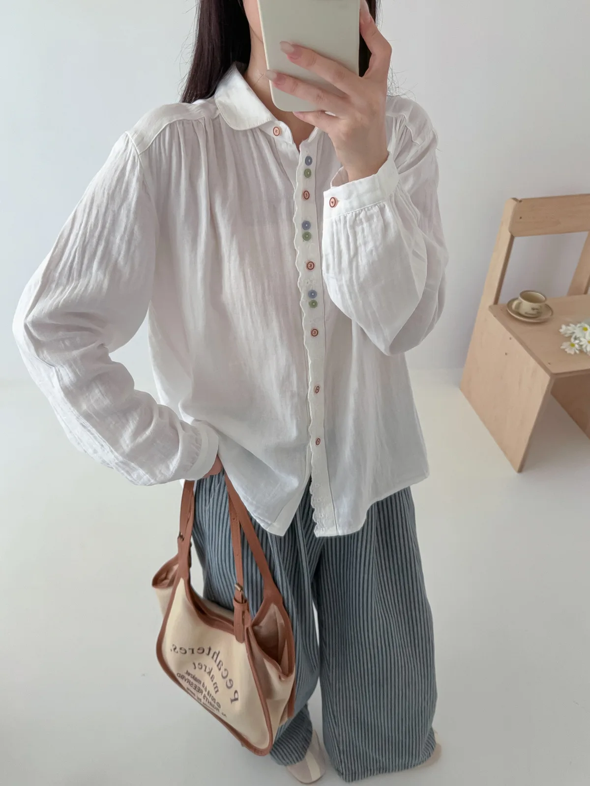 New 2025 Autumn Cotton Yarn Long Sleeve Shirt, Women Turn-down Collar Lace, Mori Girl Colorful Buttons Loose Blouse T5O456CC