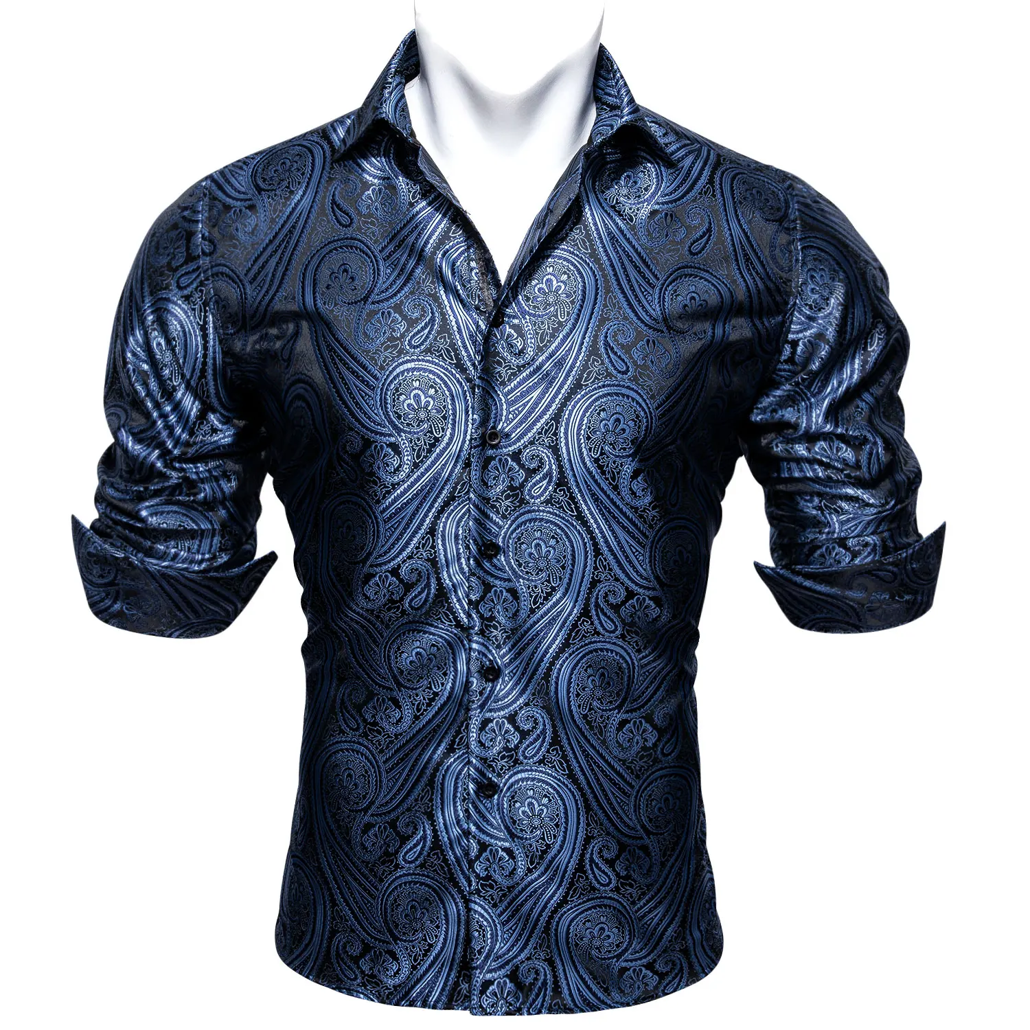 Designer Blue Silk Paisley Shirts for Men Lapel Woven Long Sleeve Embroidered Four Seasons Exquisite Fit Party Wedding CY-0402