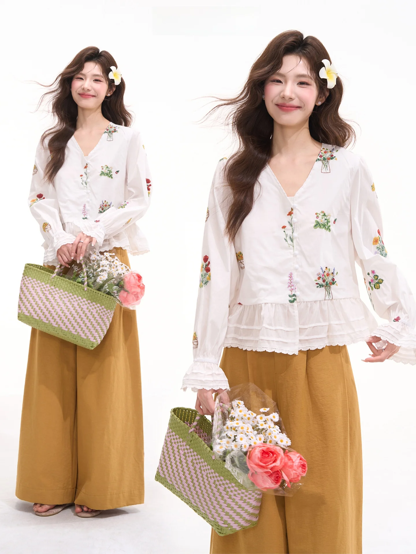 

Женская хлопковая блузка Heme Austin с вышивкой, длинным рукавом, V-образным вырезом, в стиле принцессы, весенняя мода, с изысканным цветочным узором