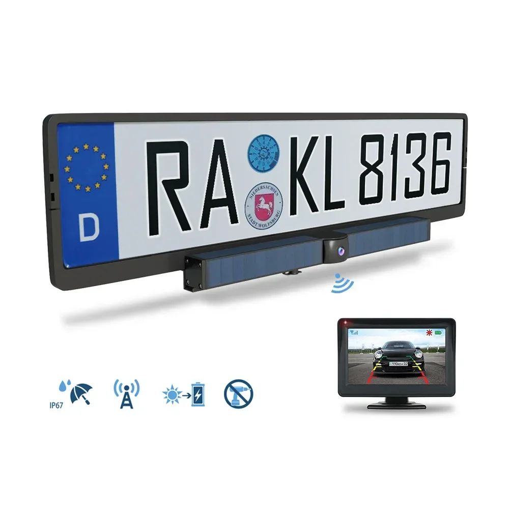 solar power EU License frame wireless backup reversing camera with parking lines with  4.3inch TFT LCD display monitor