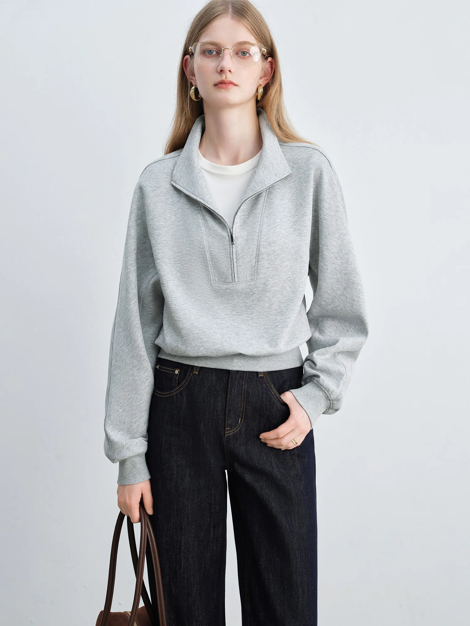 ZIQIAO Petite Women's Tencel Cotton Half-High Collar Raglan Sleeves Half Zip Sweater 2025 Autumn Collection New Item 25ZQ93100