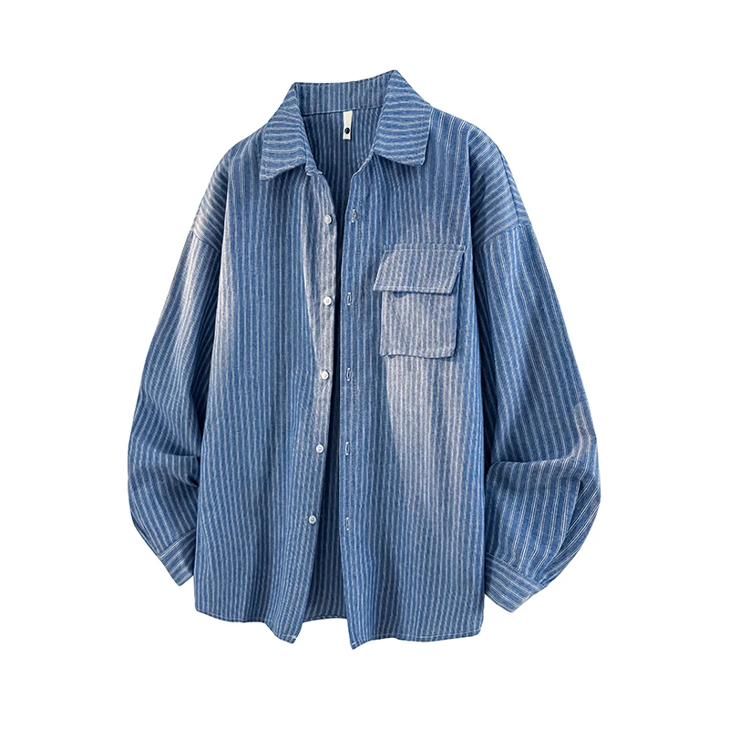 2026 Spring Men Fashion Cotton Shirt Men Casual Loose Hong Kong Striped Shirts Male Korean Long Sleeve Loose Fit Shirts