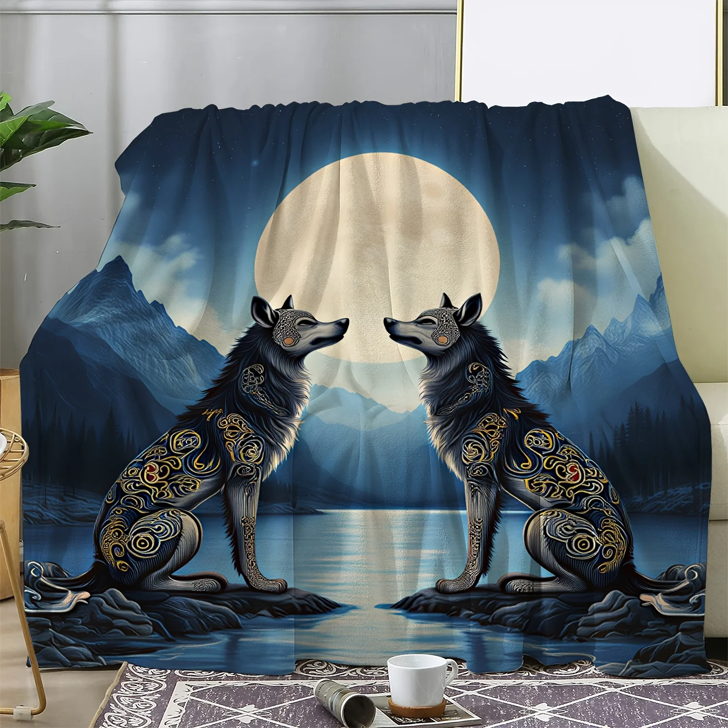 1pc Flannel Blanket, Exquisite Wolf Print Decorative Throw for Moonlit Nights, Warm and Soft Comfortable Blanket Suitable for So