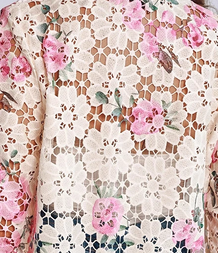 

Women Spring Summer Jacket Coat Hollow Out Print Color Zipper O Neck Long Sleeve Casual Sweet Fashion Comfortable Regular Fit