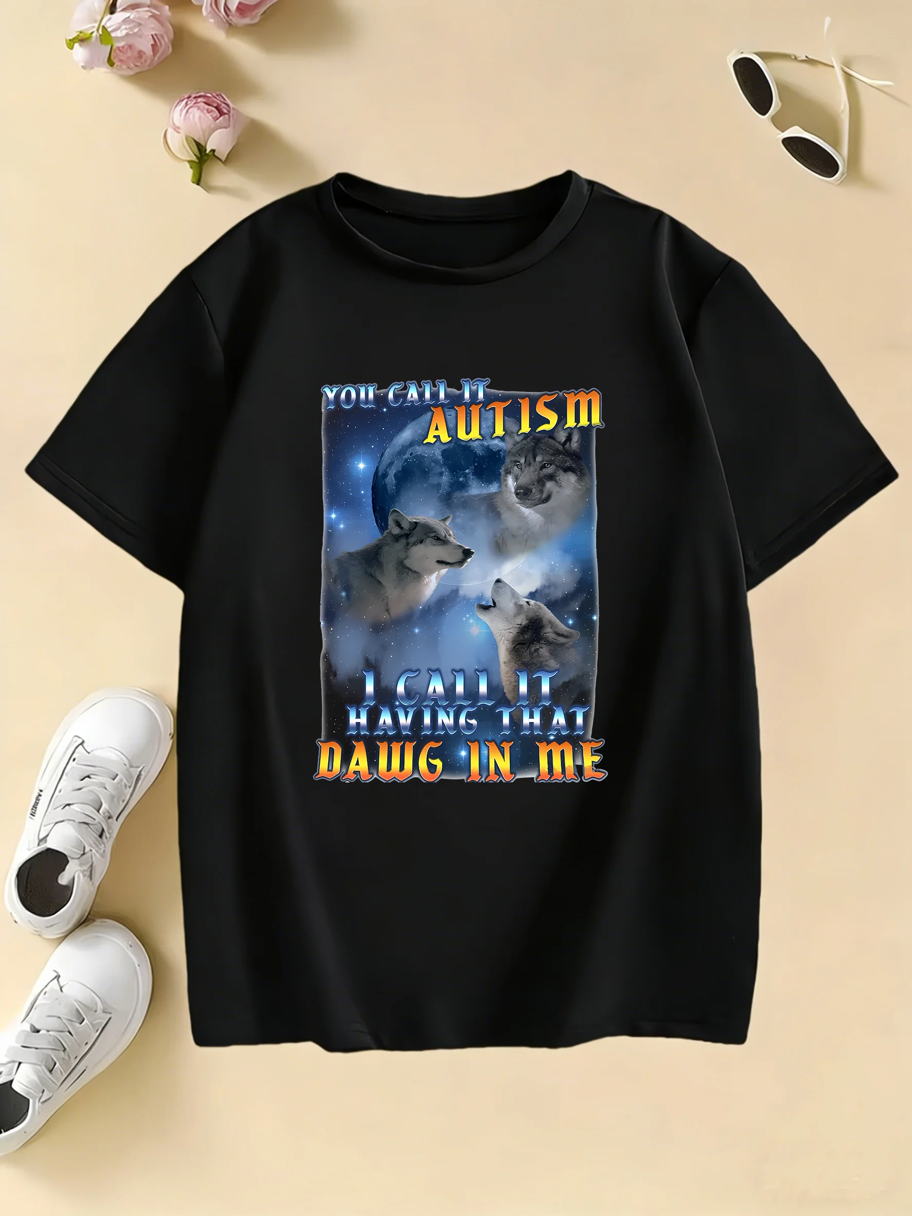 Kurzarm-T-Shirts mit Autismus-Wolf-Motiv, Manga-T-Shirt für Kinder, Jungen und Mädchen, Sommer, Frühling, lässiges Oberteil