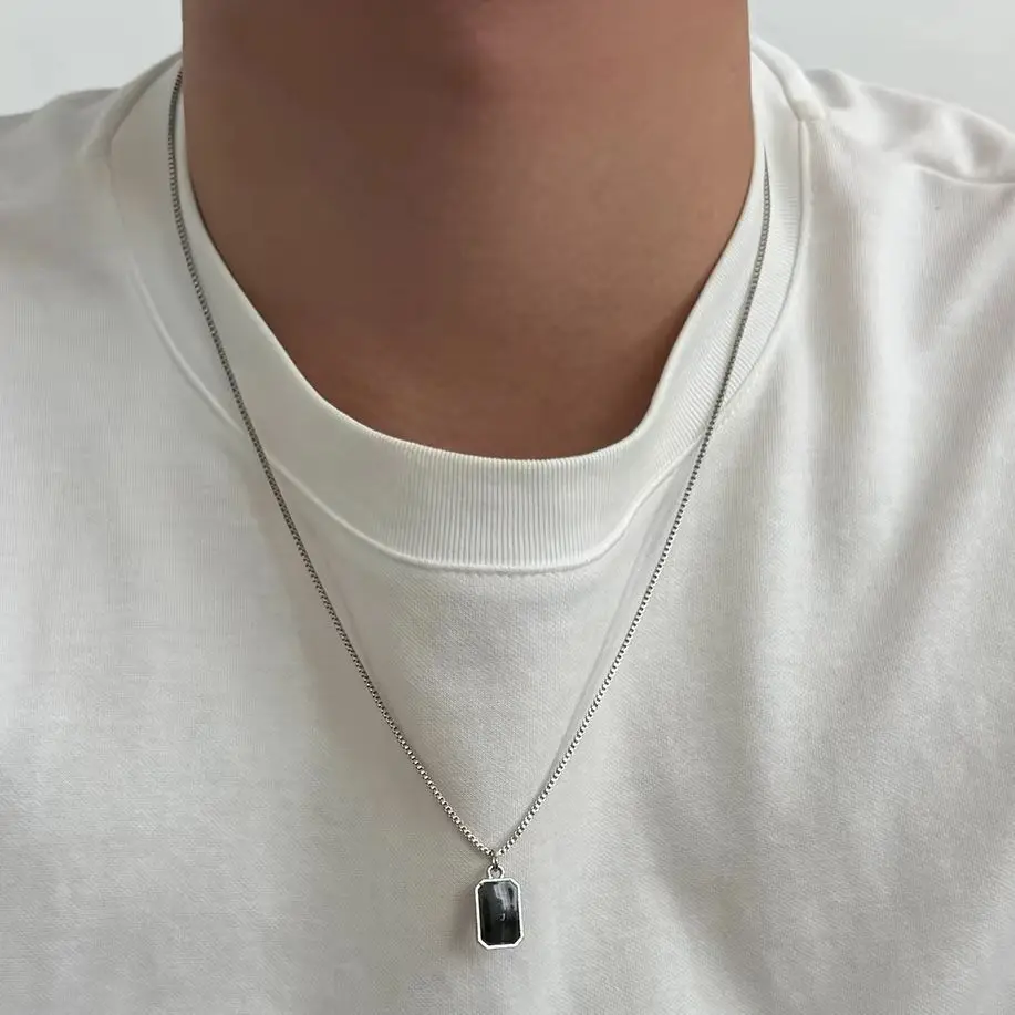 SHIXIN Fashion Square Black Oil Drop Pendant Necklace Men Minimalist Silver Color Thin Clavicle Chain Charm Jewelry Party Gifts