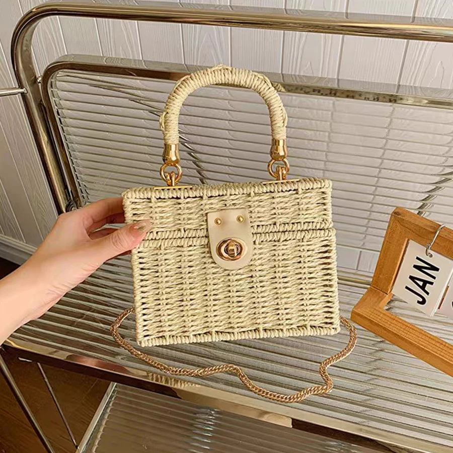 

2025 Rattan Straw Shoulder Bag Women Boho Hand-Woven Basket Messenger Pouch Summer Beach Square Box Top-handle Handbag bolso sac