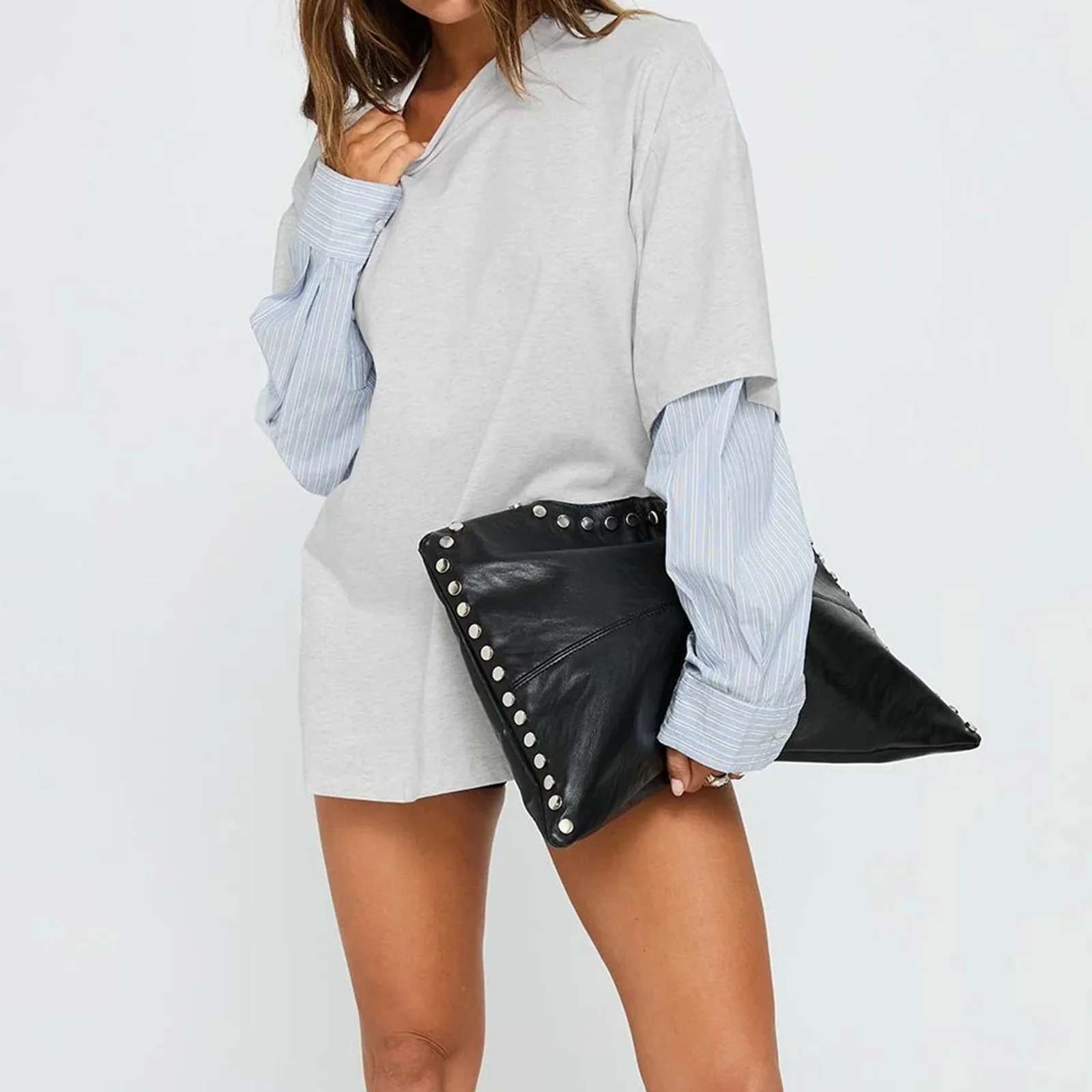 Mulheres falsas camisetas de duas peças soltas contraste listrado manga longa topos para uso diário atividade ao ar livre streetwear