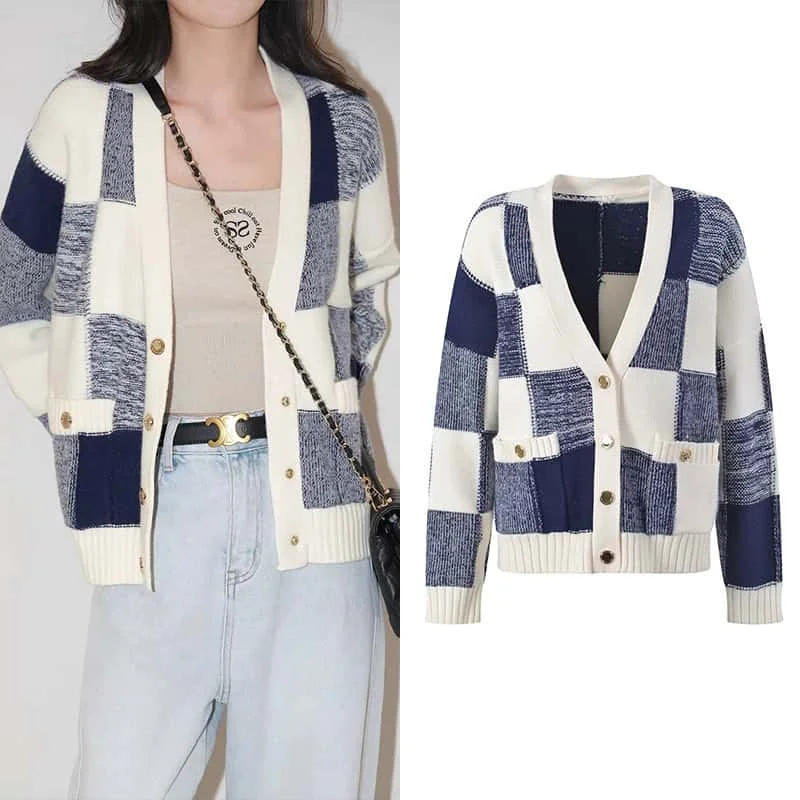 

High Quality Autumn New Grid Cardigan For Women V Neck Long Sleeve Metal Single Breasted Temperament Female Coat Tops Knitted 25