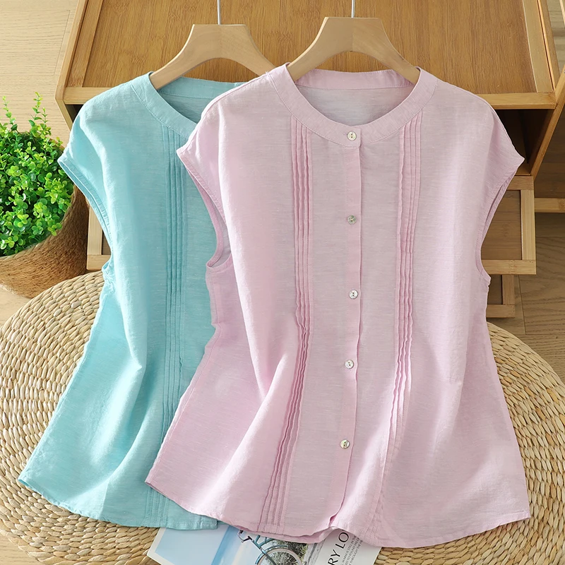 

Summer New Retro Single Button Slim Fit Casual round Ne Open Cardigan Pure Color irt Women's Breathable Thin Cotton Blend