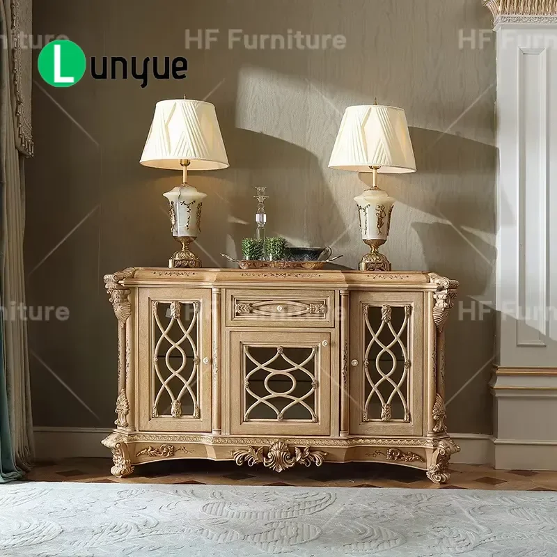 Luxury European Traditional Hand Carved Side Cabinet with Glass Doors and Gold Trim Elegant Living Room Storage Furniture