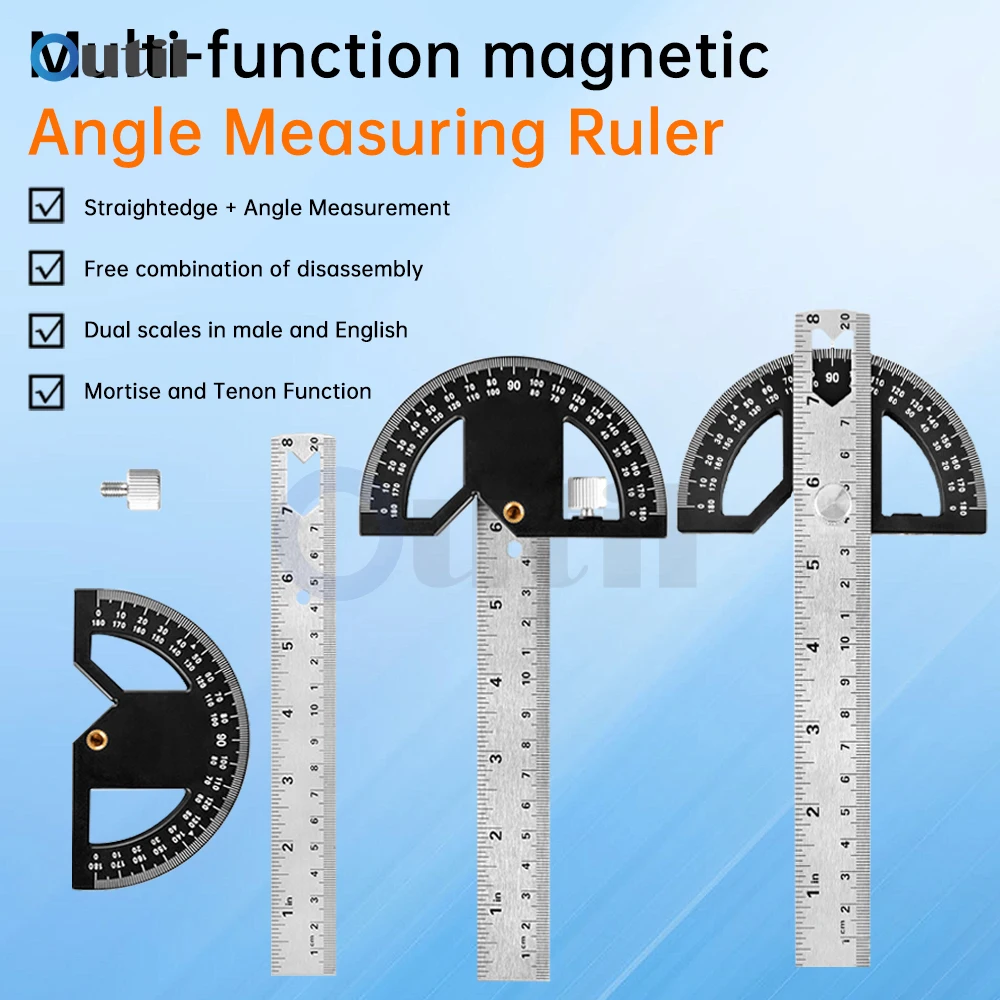 

1PC Multi Functional Plastic 8 Inches Magnetic Suction Angle Ruler for Multi Angle Measurement Detachable Angle Pusher