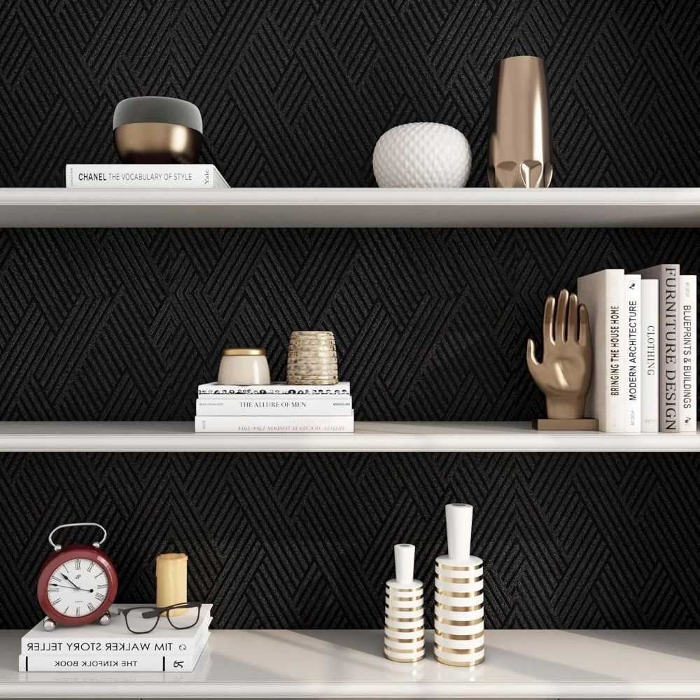 ورق جدران أسود هندسي مقاوم للماء قابل للتقشير واللصق للحمامات والمطابخ، ورق اتصال خزانة مزخرف يدوم طويلاً