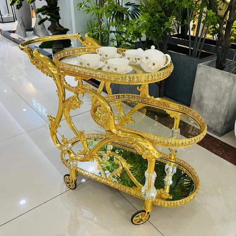 

European Classic Trolley Wedding Decoration Golden Dining Cart Luxury Bar 3-Floor Trolley